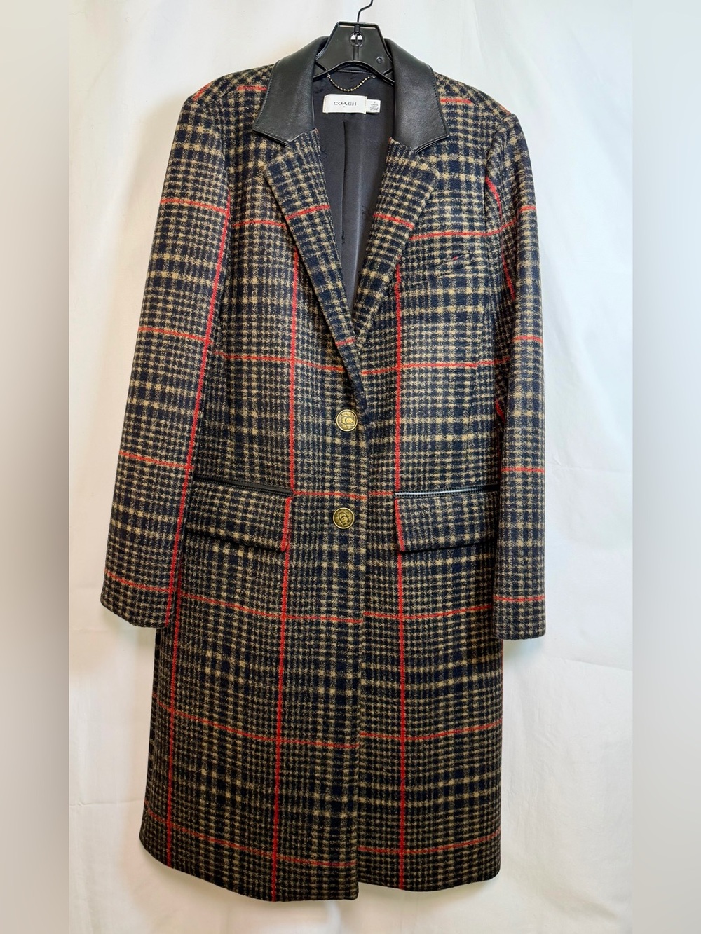 Coach Plaid Long Coat with Lamb Leather Collar – Size 6 – New Without Tags